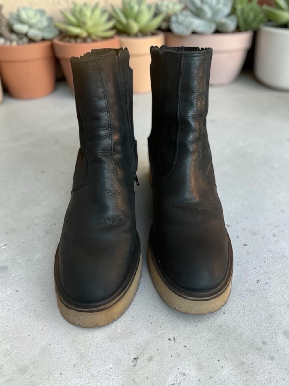 Free People Chelsea Boots Leather Black Lug Sole Platform Block Heel Spain39 1/2